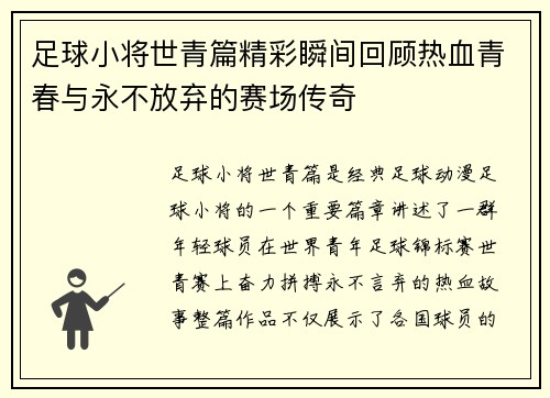 足球小将世青篇精彩瞬间回顾热血青春与永不放弃的赛场传奇